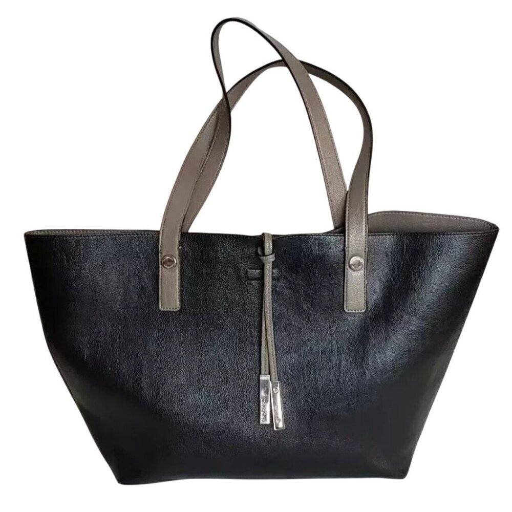 Calvin Klein Black Gray Reversible Leather Tote Bag Magnetic Closure Logo